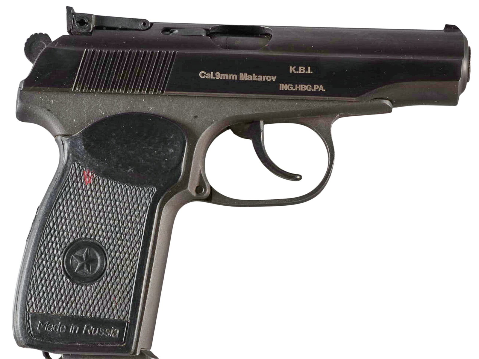 Russian IMEZ IJ70-18A 9mm Makarov Semi Auto Pistol: Serial: A045618 Manufacturer: IMEZ-Russia / KBI INC.-HBG, PA Model: IJ70-18A Caliber: 9x18 Makarov Barrel length: 3.75 in. OAL: 6.25 in. Condition: Good; light wear & handling marks; bore is good 