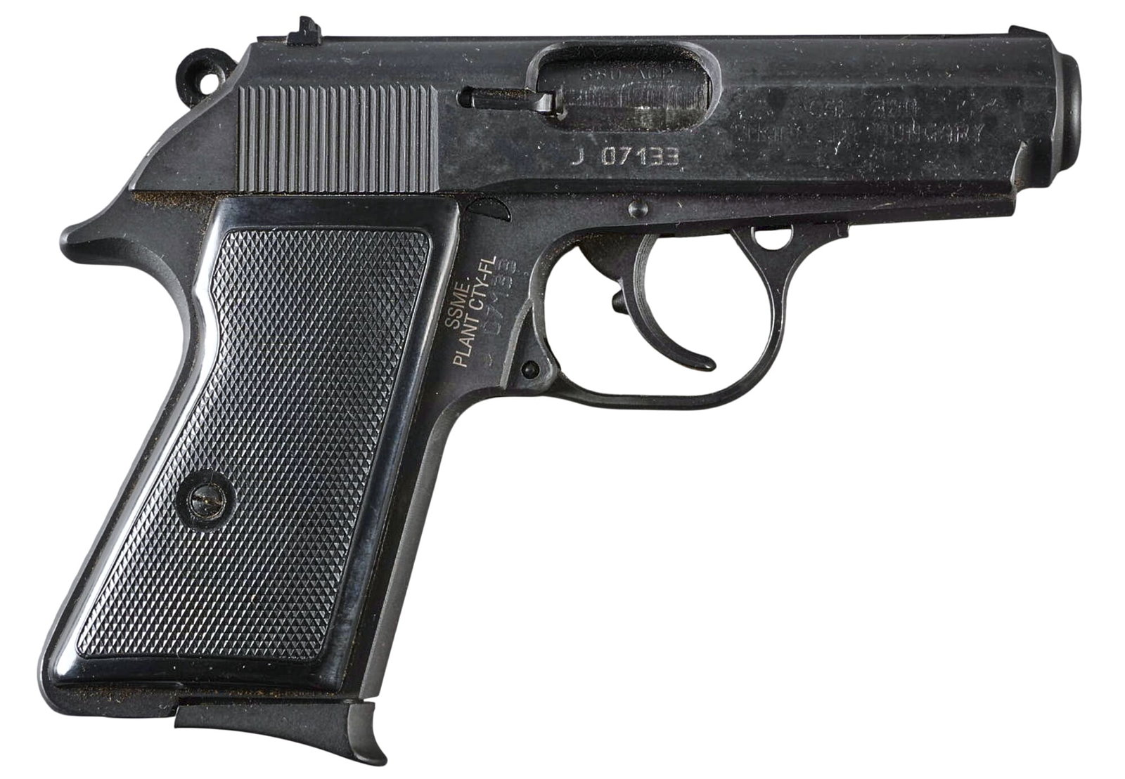 South African Police FEG AP9 380 Semi Auto Pistol: Serial: J07133 Manufacturer: FEG-Hungary / SSME-Plant City, FL Model: SAPS AP9 Caliber: 380 ACP Barrel Length: 3.5 in. OAL: 6.5 in. Condition: Good; light wear & handling marks including friction 