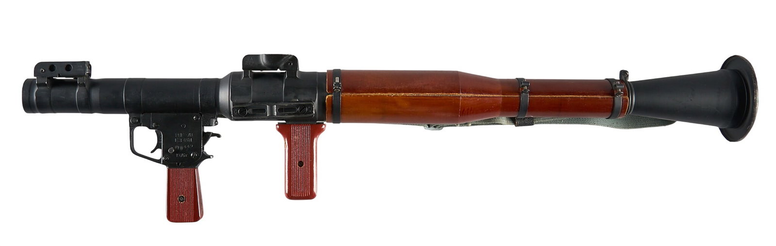 Demilled/Inert Russian RPG-7B 40mm Rocket Launcher W/ Dummy Grenade: Serial: E3-449 (redone from E3-881) Manufacturer: Circle 10 Arsenal-Bulgaria (c. 1976) Model: RPG-7B Caliber: 40mm OAL: 37.5 in w/o grenade inserted Condition: Very Good cosmetic condition; very light