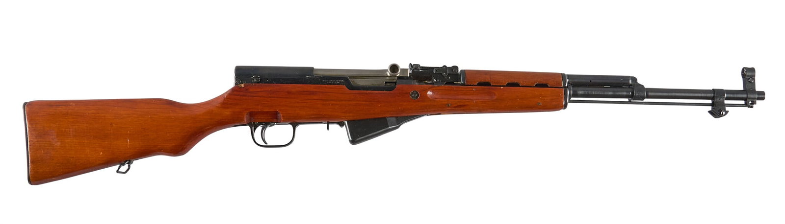 Norinco Type 56 SKS 7.62x39 Semi Auto Rifle: Serial: 21000114 Manufacturer: Norinco-China / CJA EQUIP Model: Type 56 SKS Caliber: 7.62x39 Barrel Length: 20.5 in. OAL: 40.25 in. Condition: Good; light wear & handling marks, chunk missing in b