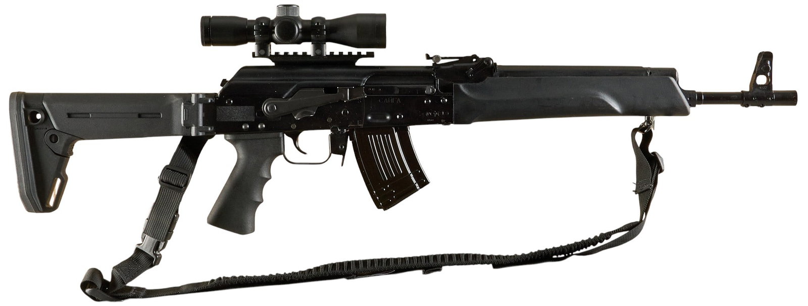 Izhmash Saiga AK-47 7.62x39 Semi Auto Rifle W/ Scope: Serial: H09604252 Manufacturer: Izhmash-Russia / TGI (c. 2012) Model: Saiga AK-47 Caliber: 7.62x39 Barrel length: 16.25 in. OAL: 34-36.5 in. Condition: Very Good; light wear and handling marks; bore i