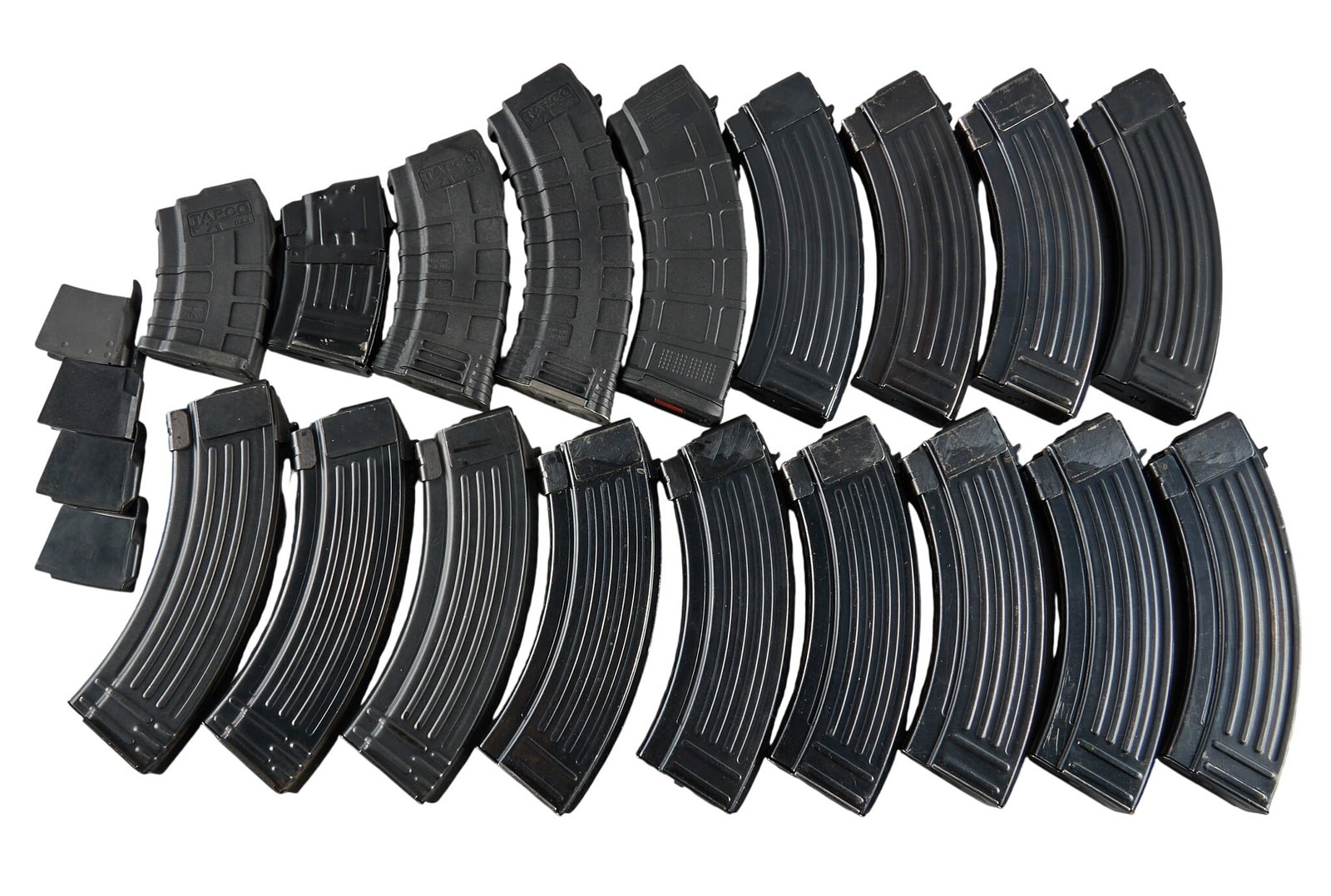 Collection of East German AK Magazines: Collection of East German AK magazines Includes: -12 x East German steel 30-rd AK magazines (4 have original follower)(8 have WeaponTech bolt hold open followers) w/ 2 carrying bags holding 8 to