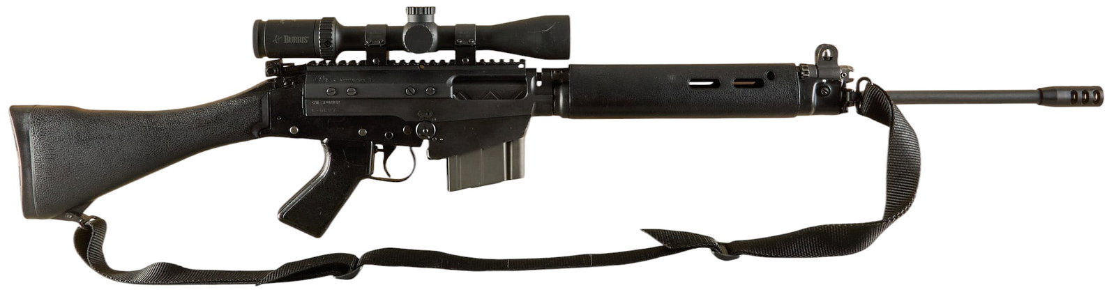 Canadian Built C1A1 Sporter FAL 7.62 NATO Rifle W/ Belgian Magazine Carrier: Serial: C0627 Manufacturer: BSA-UK / Long Branch-Canadian built Century Arms Import (receiver is c. 1959; Canadian built c. 1984) Model: C1A1 Sporter Caliber: 7.62x51 NATO Barrel length: 23 in. 