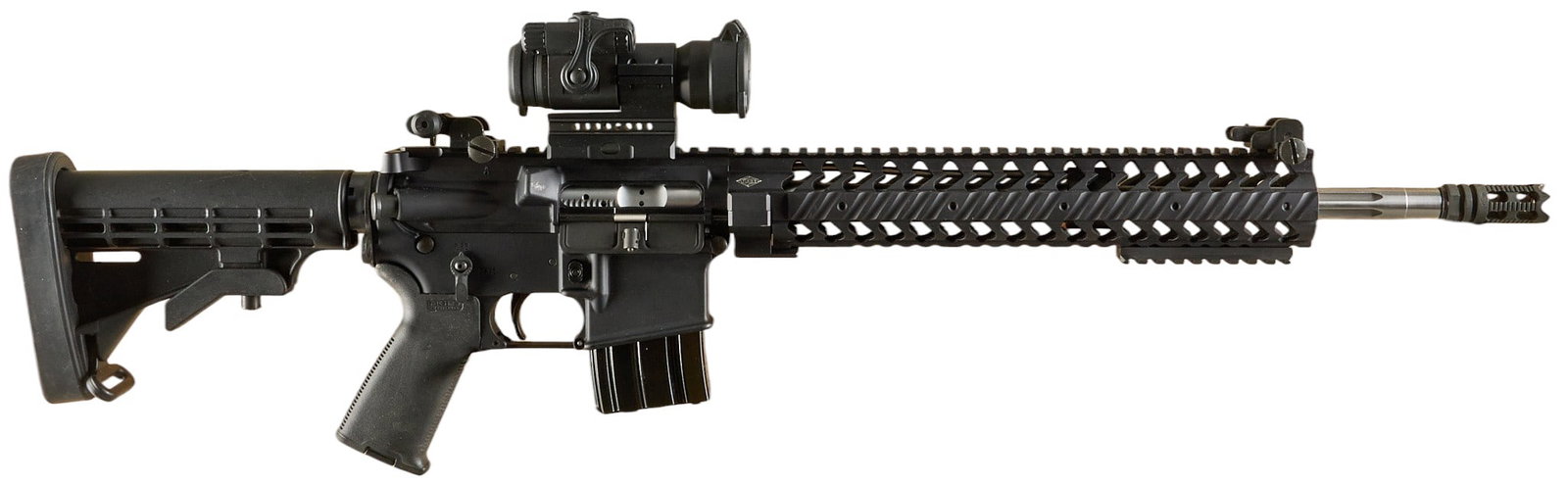 Rock River Arms YHM LAR-15 5.56 NATO Semi Auto Rifle W/ Aimpoint Optic: Serial: KT1214319 Manufacturer: Rock River Arms (c. 2013) Model: LAR-15 Caliber: 5.56 NATO Barrel length: 18 in. w/ muzzle device OAL: 33.25-37.25 in. Condition: Good-used condition; light wear/handli