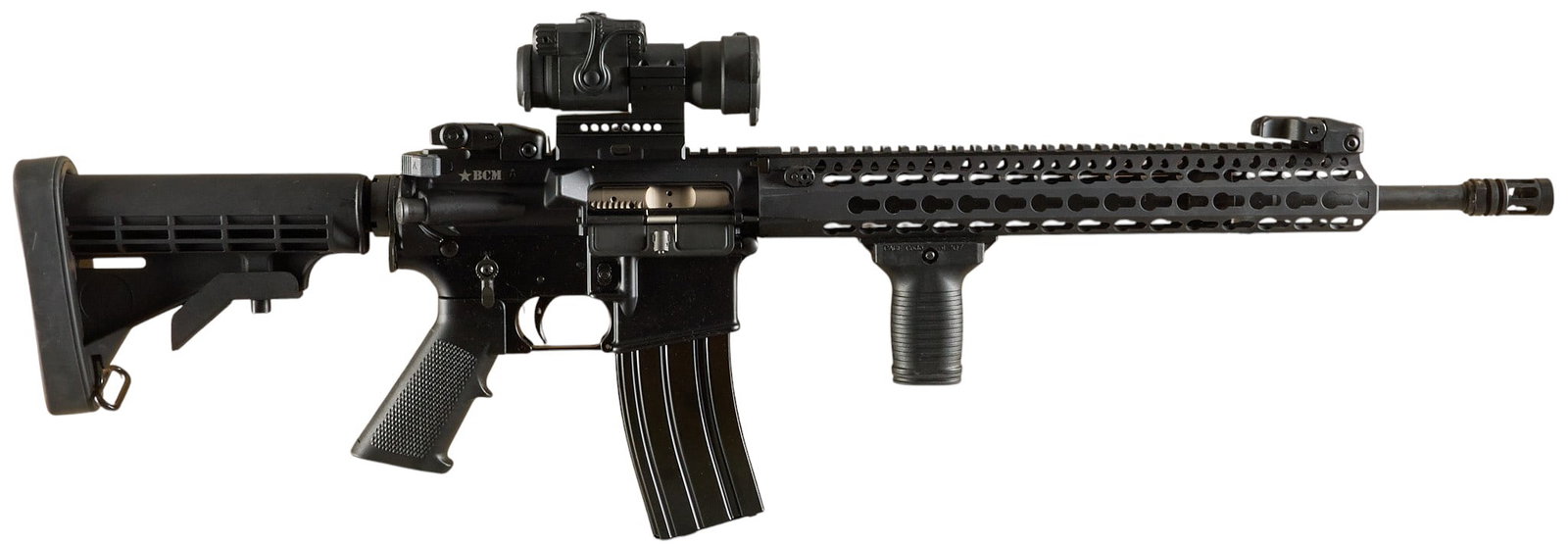 Stag Arms STAG-15 5.56 NATO Semi Auto Rifle W/ Aimpoint PRO: Serial: S025782 Manufacturer: Stag Arms Model: STAG-15 Caliber: 5.56 NATO (1:7 twist) Barrel length: 17.5 in. w/ flash hider OAL: 32.5-36.25 in. Condition: Good; lightly used condition; good bore Incl