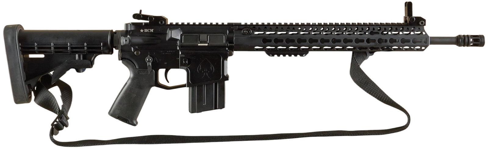 Texas Runner Runner / BCM 'Death Card' SP6 AR 5.56 NATO Semi Auto Rifle: Serial: SK0049 Manufacturer: Runner Runner Guns Model: SP6 "Death Card" Caliber: 5.56 NATO (1/7 twist) Barrel length: 17.5 in w/ BCM flash hider OAL: 33-36.75 in. Condition: Very good-lightl