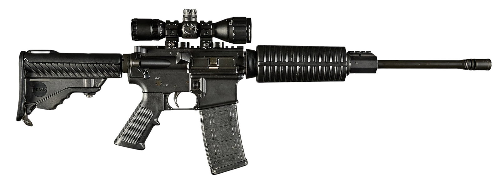DPMS A-15 5.56 NATO Semi Auto Rifle W/ UTG Scope: Serial: F273381 Manufacturer: DPMS Model: A-15 Caliber: 5.56 NATO Barrel length: 17.5 in. w/ flash hider OAL: 33-37 in. Condition: Good-used; light-moderate wear; bore is good & bright w/ st