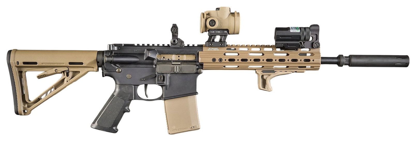 Anderson AM-15 Build 5.56 NATO Rifle W/ Trijicon Red Dot: Serial: 18103004 Manufacturer: Anderson (Parts Build) Model: AM15 Caliber: 5.56 NATO Barrel Length: 16.5 in. (1:7 twist; pin & weld) OAL: 31.5-34.75 in. Condition: Good; some light wear &
