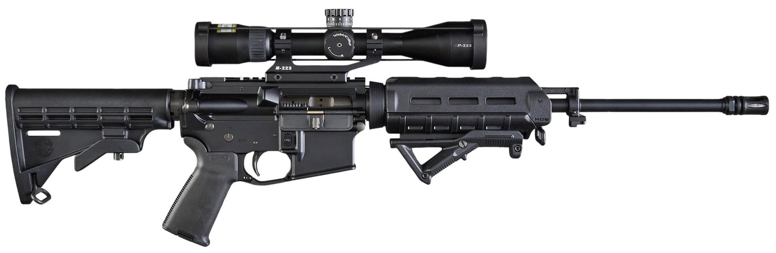 Bushmaster XM15-E2S 5.56 NATO Semi Auto Rifle W/ Nikon Scope: Serial: BK5059233 Manufacturer: Bushmaster Firearms Model: XM15-E2S Caliber: 5.56 NATO Barrel Length: 17.5 in. w/ flash hider OAL: 32.5-38.25 in. Condition: Excellent; very slight use and handling mar