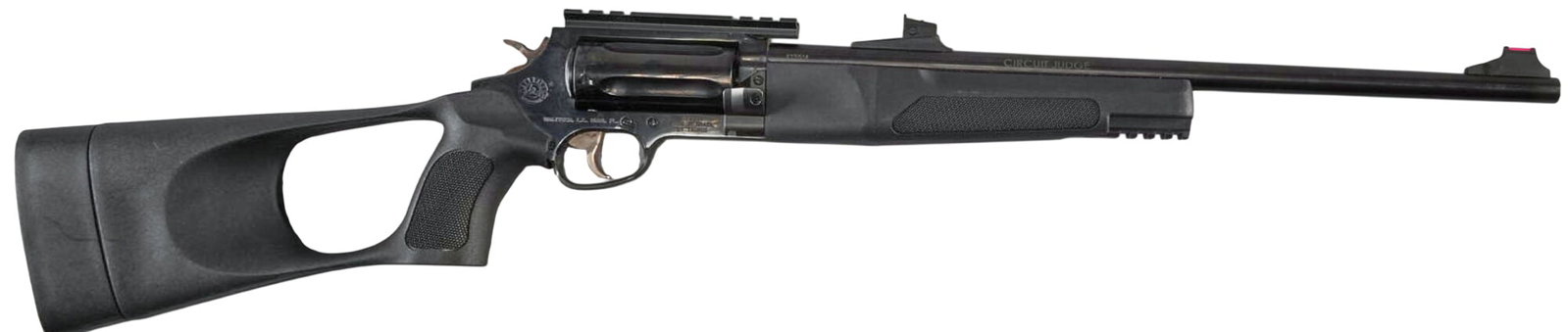 Taurus Circuit Judge 45LC/410 Bore Rifle: Serial: EY5514 Manufacturer: Taurus-Brazil / Braztech Int'l L.C. Model: Circuit Judge Caliber: 45 LC / 410 Bore Barrel length: 18.5 in. OAL: 31.75 in. Condition: Good; some light wear & 