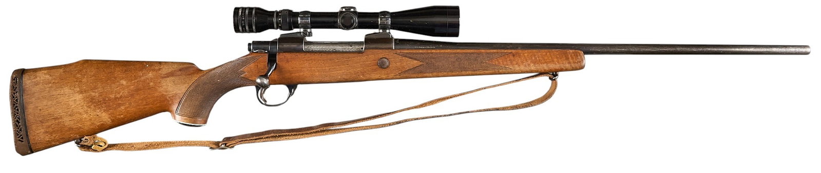 Custom Engraved Sako Finnbear 264 Win Mag Rifle W/ Scope: Serial: 4851 Manufacturer: Sako-Finland (c. early 1960s) Model: Finnbear Caliber: 264 Win Mag Barrel Length: 24 in. OAL: 44.5 in. Condition: Good-Fair; wood stock has moderate wear on the finish;