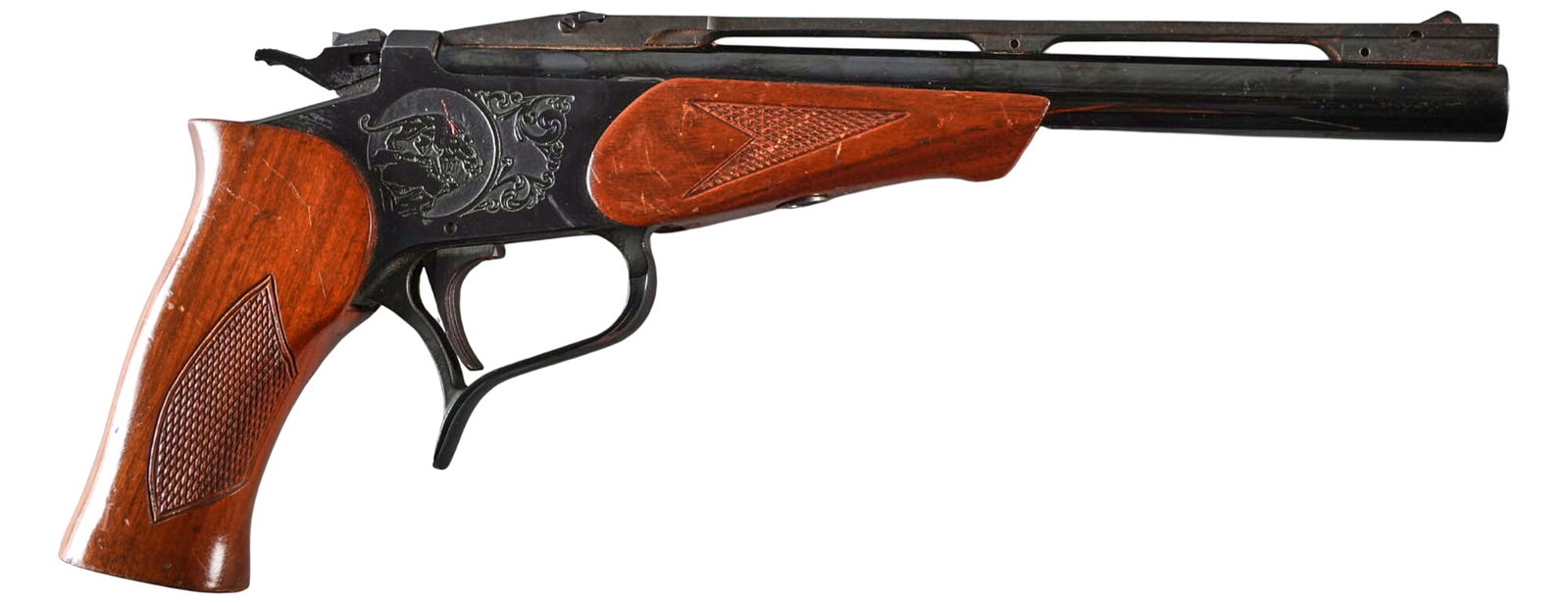 Thompson Center Contender 45 LC / 410 Pistol: Serial: 358530 Manufacturer: Thompson Center Arms Model: Contender Caliber: 45 LC / 410 bore Barrel Length: 10 in. OAL: 14 in. Condition: Good; light-moderate wear w/ light rust; bore is good w/ stron
