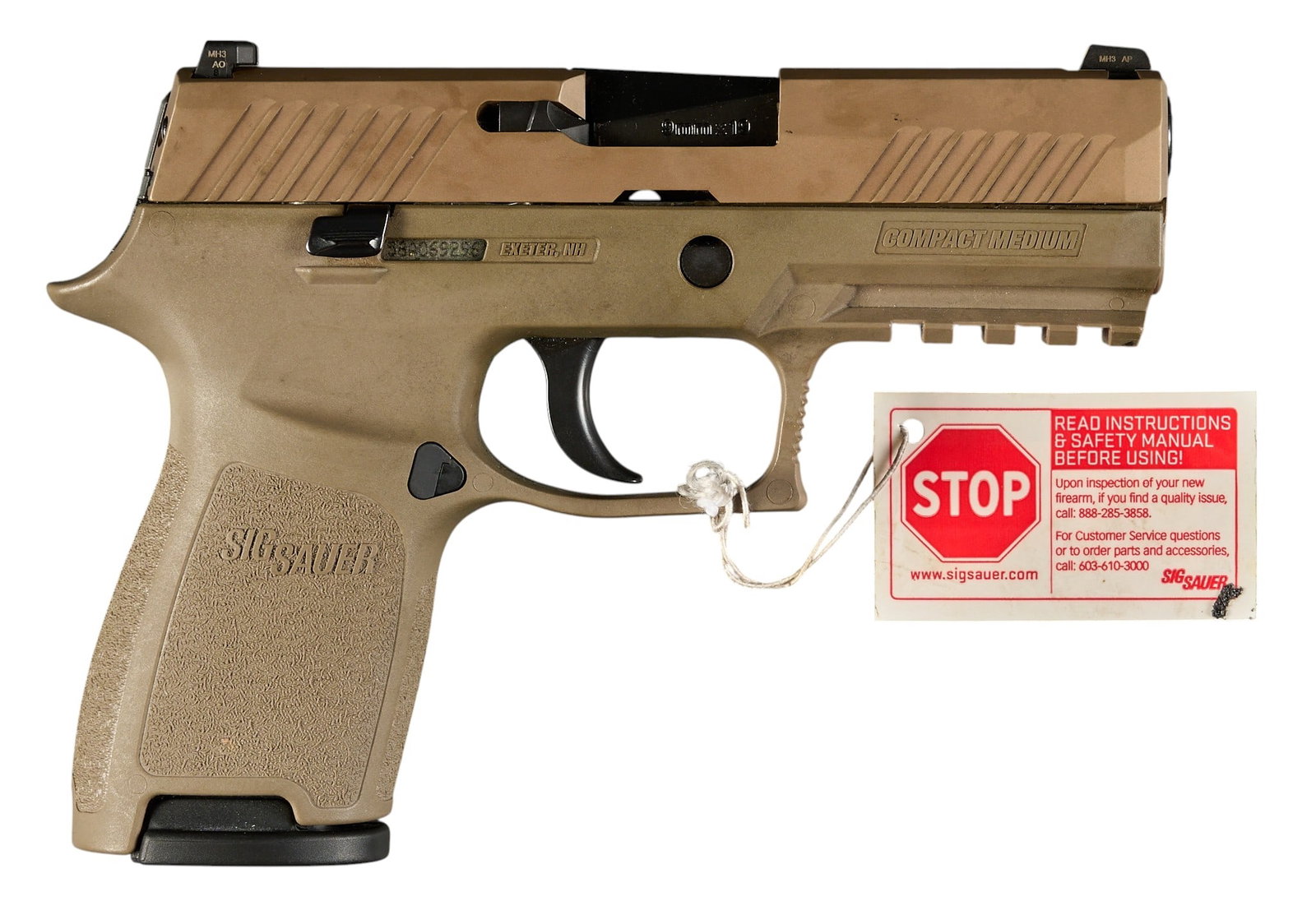 Sig P320 DAO 9mm Semi Auto Pistol: Serial: 58A069296 Manufacturer: Sig Sauer Model: P320 Compact FDE Caliber: 9mm Barrel Length: 3.875 in. OAL: 7 in. Condition: Good; some light handling marks & fouling throughout; bore is go