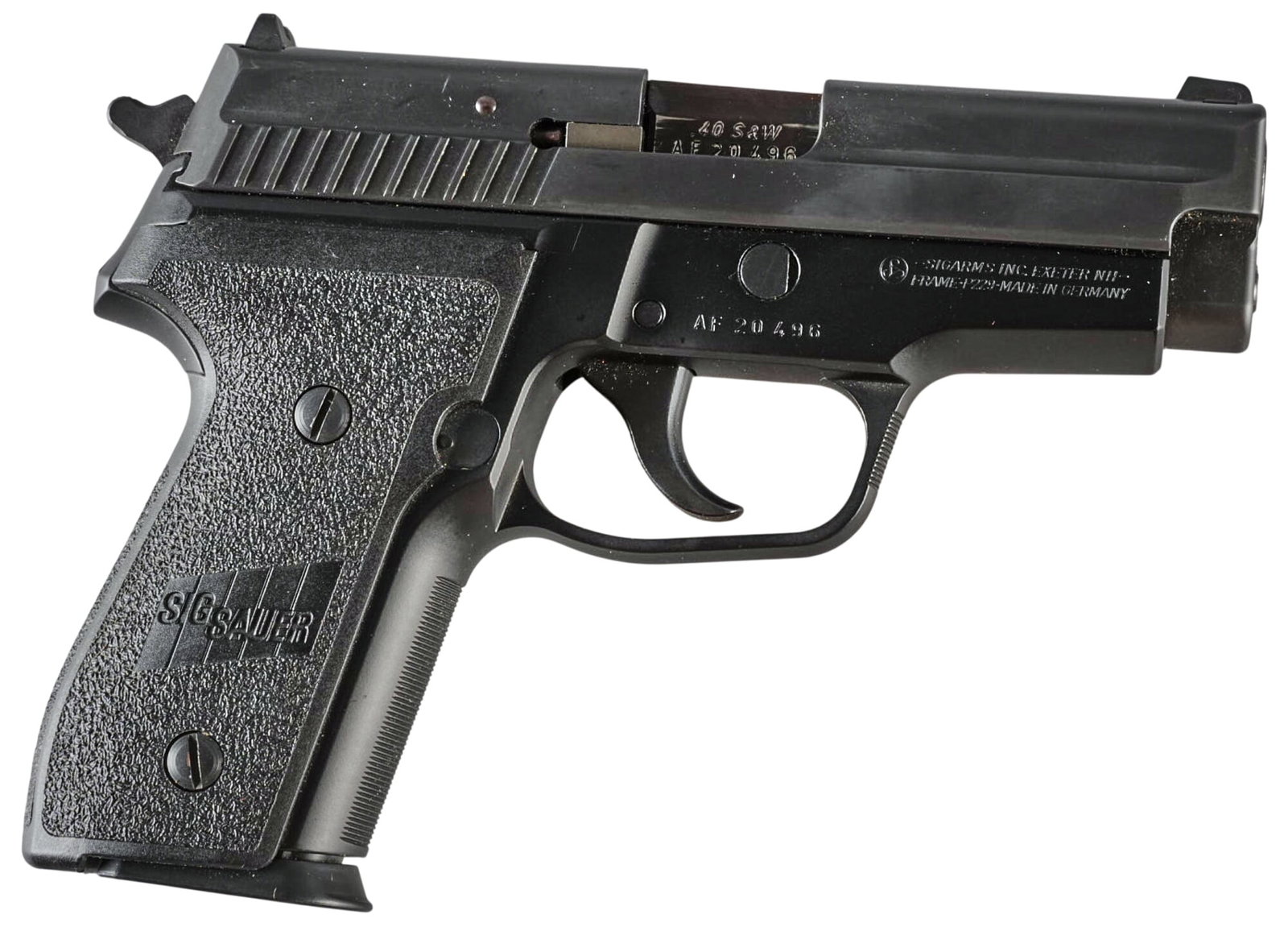 Sig Sauer P229 40 S&W/357 SIG Semi Auto Pistol: Serial: AF20496 Manufacturer: Sig Sauer Model: P229 Caliber: 40 S&W Barrel length: 3.75 in. OAL: 7.25 in. Condition: Very Good; light used condition Includes: Factory hard case w/ manual; 2 x 10-r