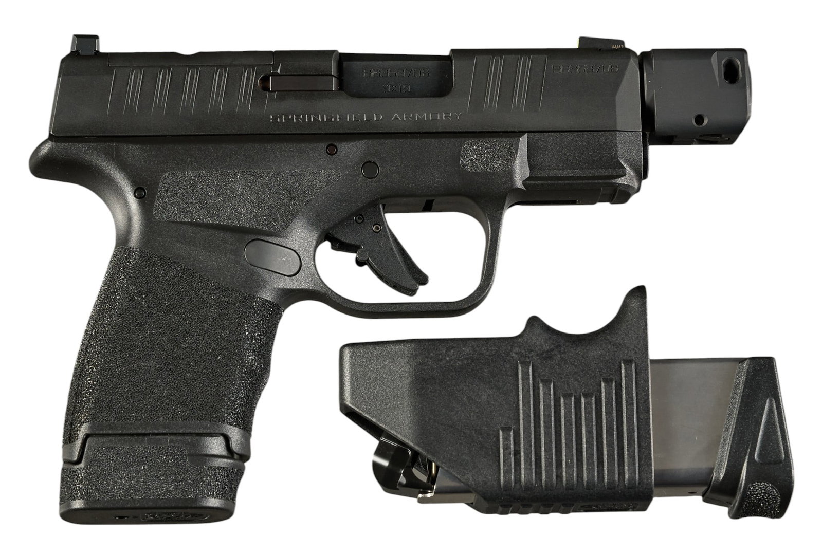Springfield Armory Hellcat 9mm Semi Auto Pistol: Serial: BB353708 Manufacturer: HS Product-Croatia / Springfield Armory Model: Hellcat Caliber: 9mm Barrel Length: 3.75 in. (4.125 in. with muzzle device) OAL: 7 in. Condition: Very good-used; som
