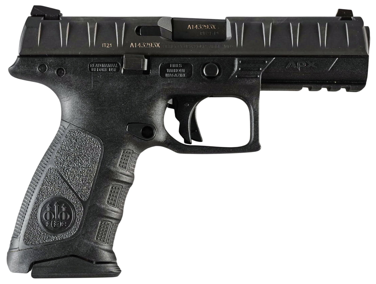 Beretta APX 9mm Semi Auto Pistol: Serial: A143293X Manufacturer: Beretta Model: APX Caliber: 9mm Barrel length: 4.125 in. OAL: 7.625 in. Condition: Excellent-like new condition Includes: 17-rd magazine Provenance: A San Antonio,
