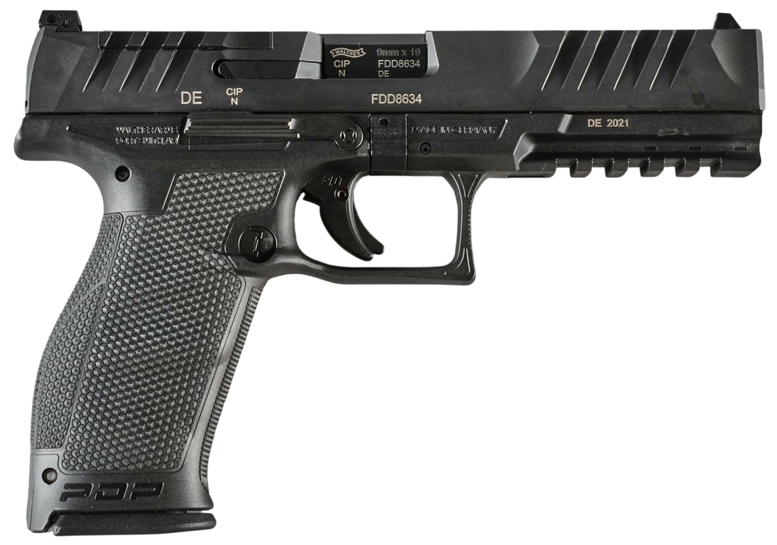 Like New Walther PDP 9mm Semi Auto Pistol: Serial: FDD8634 Manufacturer: Carl Walther-Germany / Walther USA Model: PDP Caliber: 9mm Barrel length: 5 in. OAL: 8.5 in. Condition: Excellent-like new condition Includes: 18-rd magazine; optic
