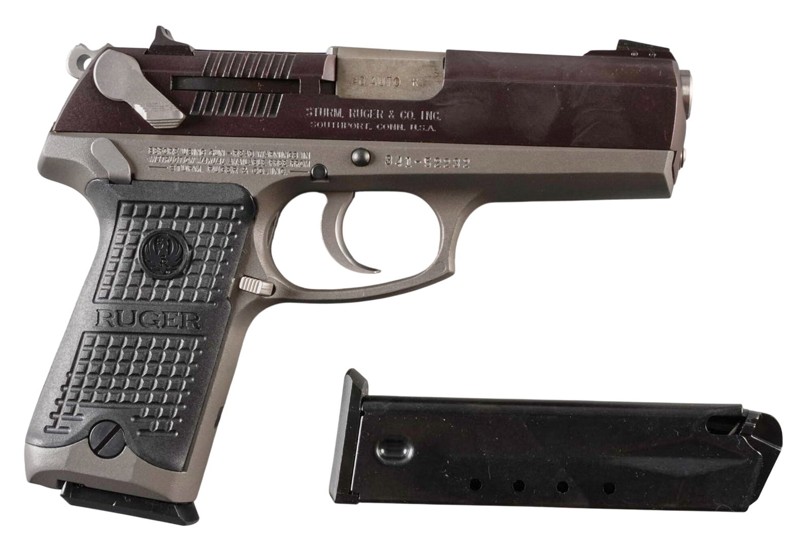 Ruger P94 Special Edition 40 S&W Semi Auto Pistol: Serial: 341-52232 Manufacturer: Ruger Model: P94 Special Edition Caliber: 40 S&W Barrel Length: 4.25 in. OAL: 7.75 in. Condition: Very good-LNIB; appears to have been stored in factory case 