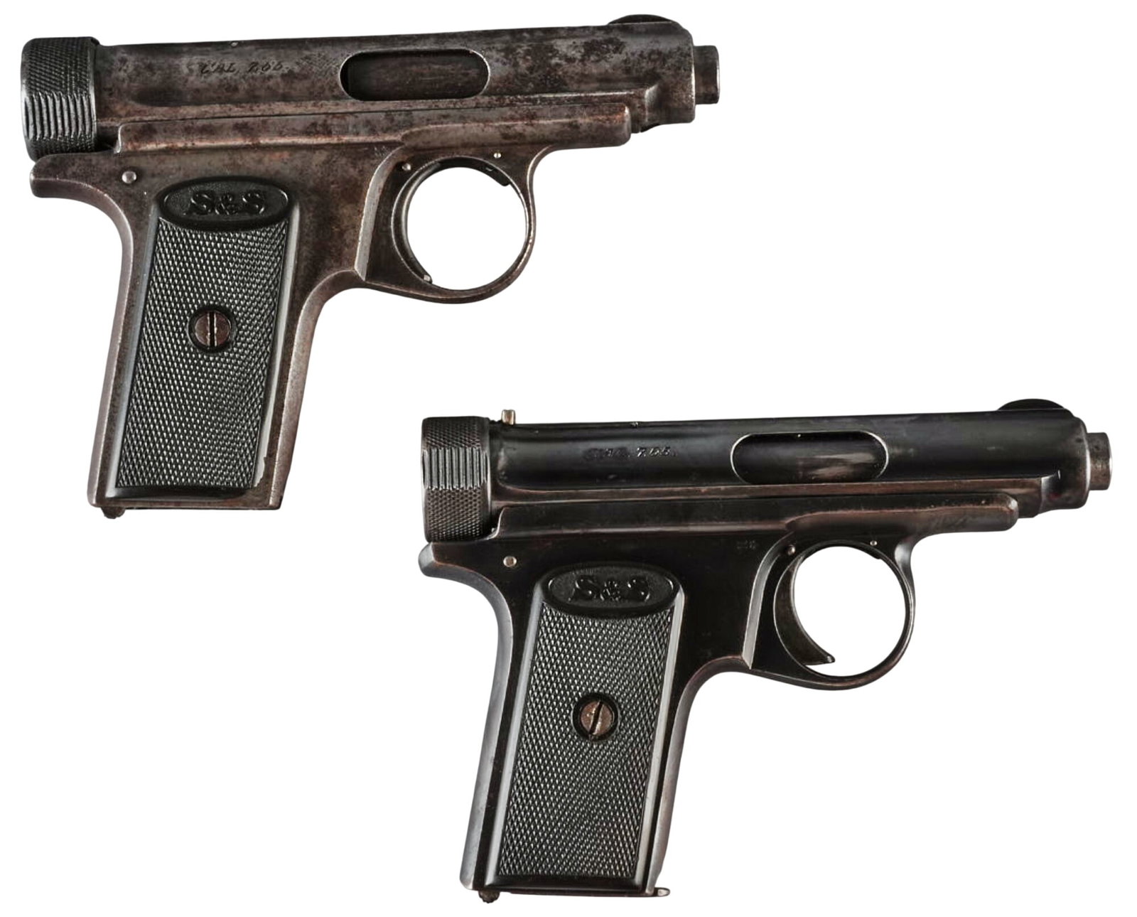 Sauer & Sohn Model 1903 32 ACP Semi Auto Pistol W/ Extra Parts Gun: Serial: (1) 22353; (2) 135497 Manufacturer: J.P. Sauer & Sohn-Suhl, Germany Model: 1903 Caliber: 32 ACP Barrel length: 3.125 in. OAL: 5.75 in. Condition: (1) Very Good; plastic grips have light we