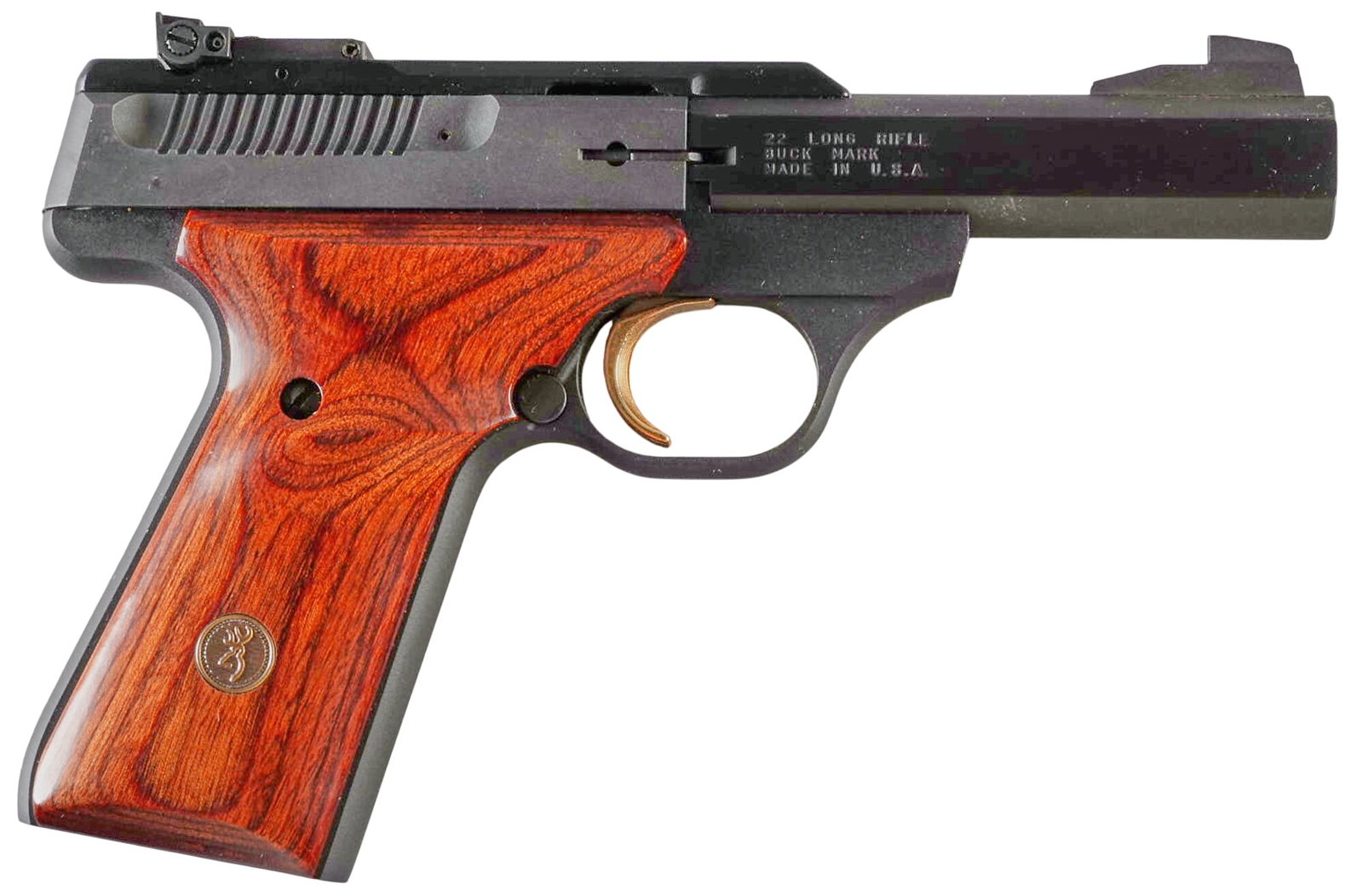 Browning Buckmark 22 LR Semi Auto Pistol: Serial: 655NW31036 Manufacturer: Browning Arms Co. Model: Buck Mark Caliber: 22LR Barrel length: 4 in. OAL: 8.25 in. Condition: Good; some light wear & handling marks; bore is good & bright wi