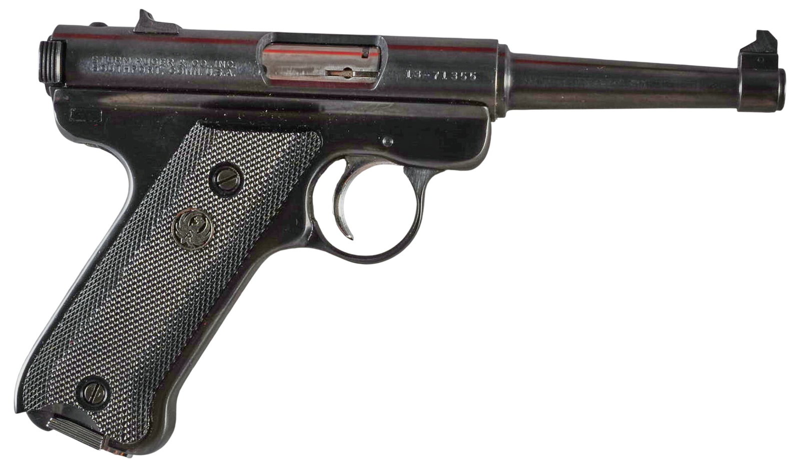 Ruger Standard 22LR Semi Auto Pistol: Serial: 13-71355 Manufacturer: Ruger Model: Standard Caliber: 22 LR Barrel length: 4.75 in. OAL: 8.875 in. Condition: Good; some light wear & handling marks; bore is good & bright with strong 