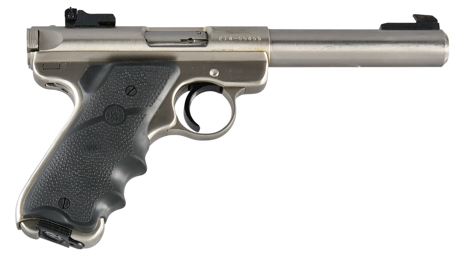 Ruger Mark II Target 22 LR Semi Auto Pistol: Serial: 214-55455 Manufacturer: Ruger (c. 1988) Model: Mark II Target Caliber: 22 LR Barrel length: 5.5 in. OAL: 9.75 in. Condition: Good; moderateley used condition; light scratches; good bore Includ