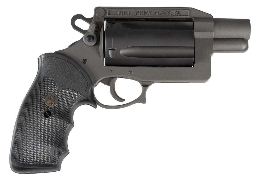 Mil Inc. Thunder Five 45 LC/410 Bore Revolver: Serial: 1486 Manufacturer: Mil Inc. Model: Thunder Five Caliber: 45 LC / 410 Barrel length: 2 in. OAL: 9 in. Condition: Good; very light used condition Includes: Pachmayr Gripper rubber grips Pr