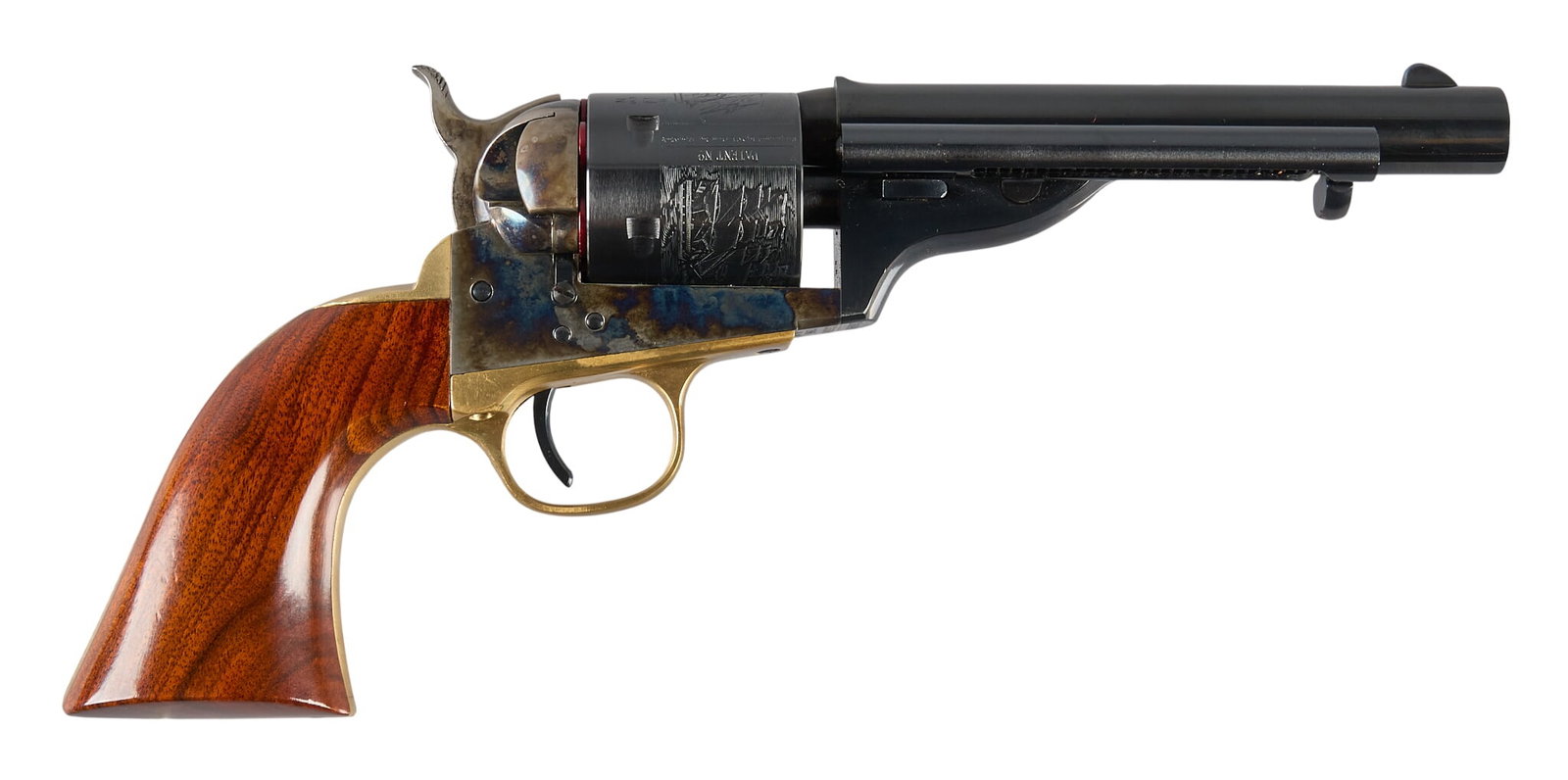 Cimarron Model 1872 Open Top Navy 45 LC Revolver W/ Holster: Serial: X55908 Manufacturer: Uberti-Italy / Cimarron-Fred., TX Model: 1872 Open Top Navy Caliber: 45 LC Barrel length: 5.5 in. OAL: 11.25 in. Condition: Very good; lightly used condition; excellent bo
