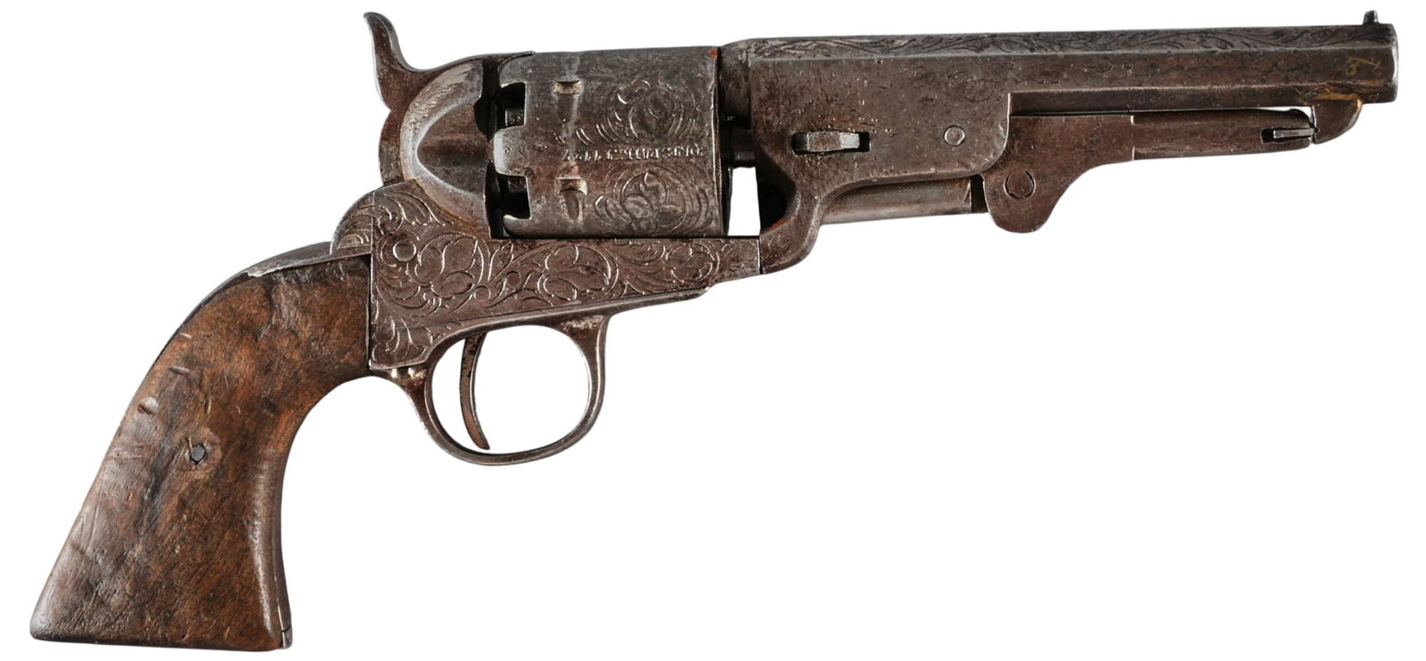 Belgian Colt 1851 Navy Copy 36 Cal. Percussion Revolver: Serial: 1510137 Manufacturer: Liege, Belgium Model: 1851 Navy copy Caliber: 36 cal. Barrel length: 5.25 in. OAL: 10.75 in. Condition: Fair-antique; wood grips have heavy war & patina; barrel has b