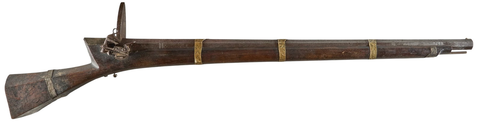 Rare Monumental 18th C. Turkish Miquelet-lock Wall Gun: Manufacturer: Ottoman / Turkey (c. 18th C.) Model: Miquelet-lock Wall Gun Caliber: approx. 70 cal. Barrel length: 43 in. OAL: 57 in. Weight: 34.5 lbs Condition: Fair-antique; wood stock has mostly mod