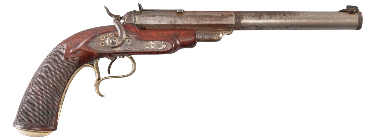 Rare & Unique Antique A.A. Kellogg 22 Cal. Tip-Up Target Pistol: Serial: NSN Manufacturer: Alfred Andrew Kellogg Maker-New Haven, Conn. (c. 1867-1876) Model: Tip-Up Target Pistol Caliber: 22 rimfire Barrel length: 10 in. OAL: 15.75 in. Condition: Very good-antique 