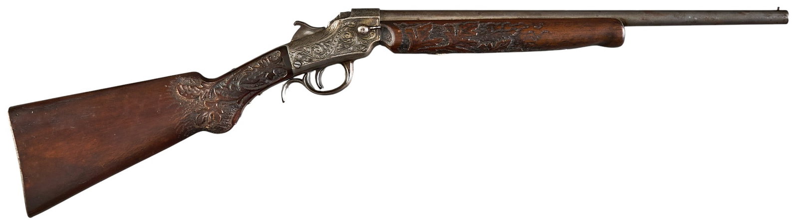 Antique Custom Engraved Hopkins & Allen XL 38 Shot Falling Block: Serial: 1832 Manufacturer: Hopkins & Allen (c. 1890s) Model: XL Shot Caliber: 38 Shot Barrel Length: 18.25 in. OAL: 34.25 in. Condition: Good-antique; wood stock & forend have moderate wear &a