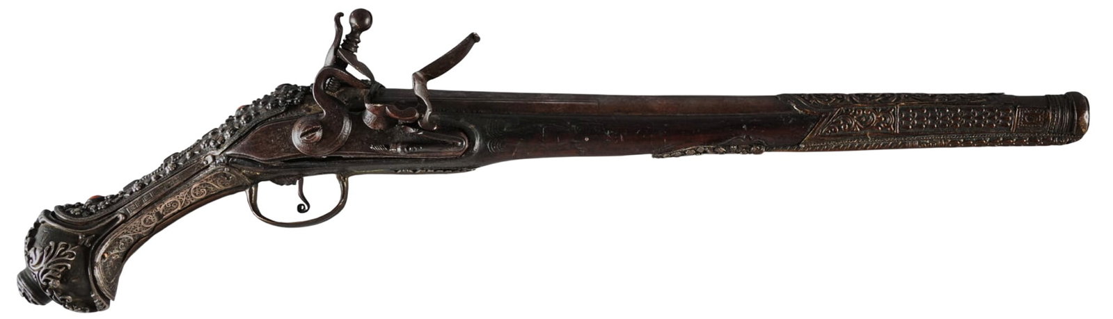 Greek / Ottoman Silver & Coral Mounted 65 Cal. Flintlock Pistol: Manufacturer: Greek / Ottoman / Turkish Model: flintlock pistol Caliber: approx. 65 cal. Barrel length: 14 in. OAL: 21.5 in. Condition: Fair-antique; wood stock has fair amount of wear & patina co