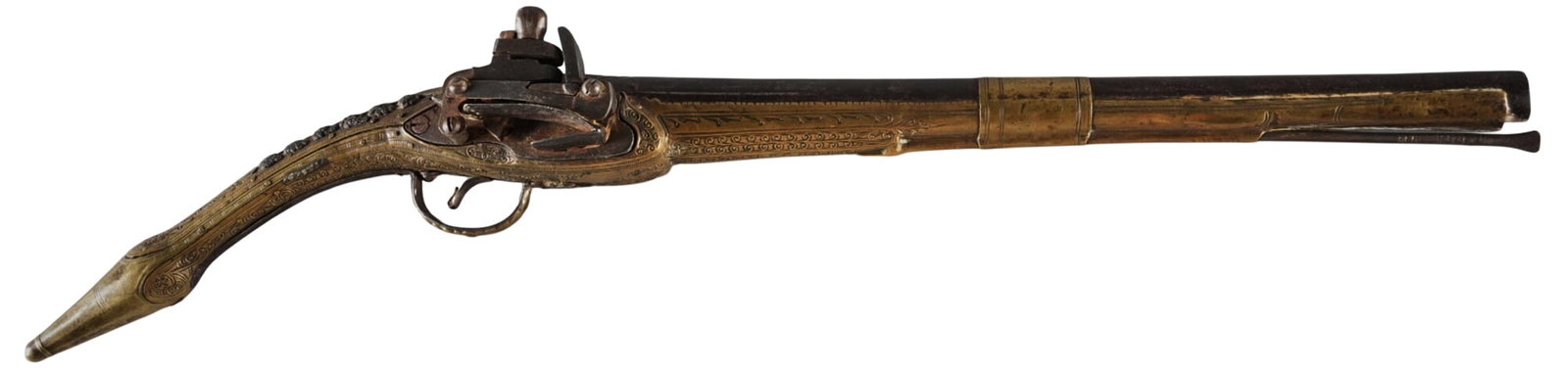 18th-19th C. Albanian "Rat Tail" Miquelet Lock Pistol: Manufacturer: Albania (c. 18th-19th c.) Model: "Rat Tail" Miquelet lock Caliber: approx. 60 cal. Barrel length: 13.5 in. OAL: 22 in. Condition: Fair-antique; stock is completely wrapped in b