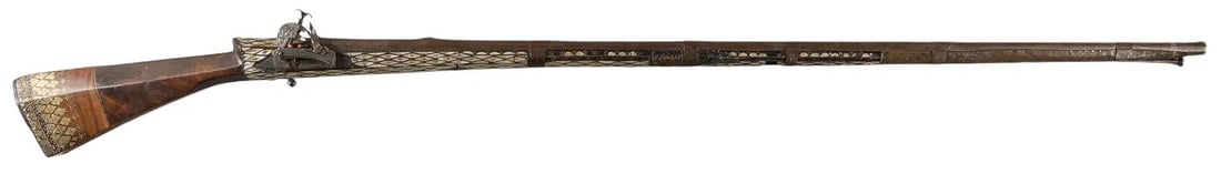 18th C. Ottoman Mother of Pearl Inlay 60 Cal Miquelet-lock Musket: Manufacturer: Turkey (c. early 1800s) Model: Miquelet-lock Rifle Caliber: Approx. 60 Cal Barrel length: 46.5 in. OAL: 62.5 in. Condition: Good; Mother of Pearl missing throughout; missing barrel band;
