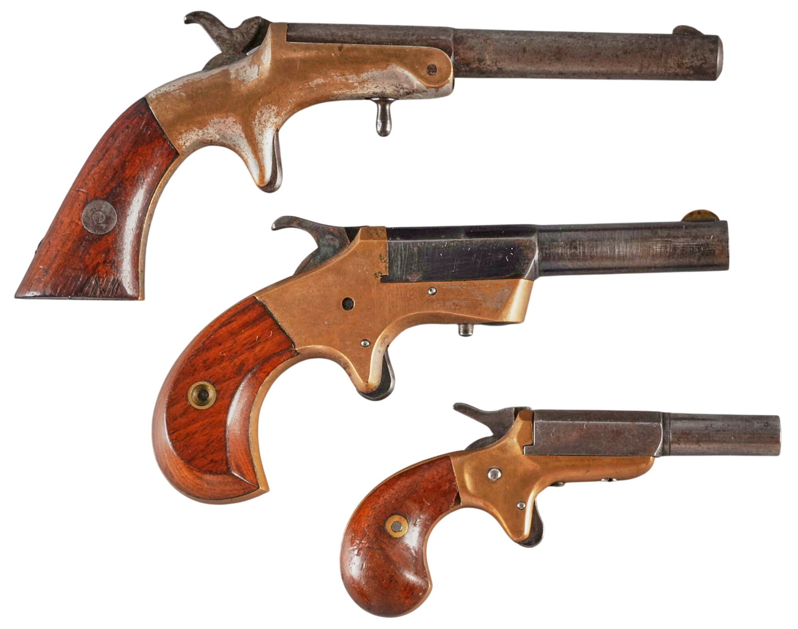 Collection of 3 Single Shot Pocket Derringers: Includes: 1) Antique Ethan Allen single shot pistol ; SN: 10739 (c. 1869-1871); 22 RF; good antique condition; w/ COA from Ancestry Guns 2) Antique Frank Wesson Small Frame Tip-Up parl