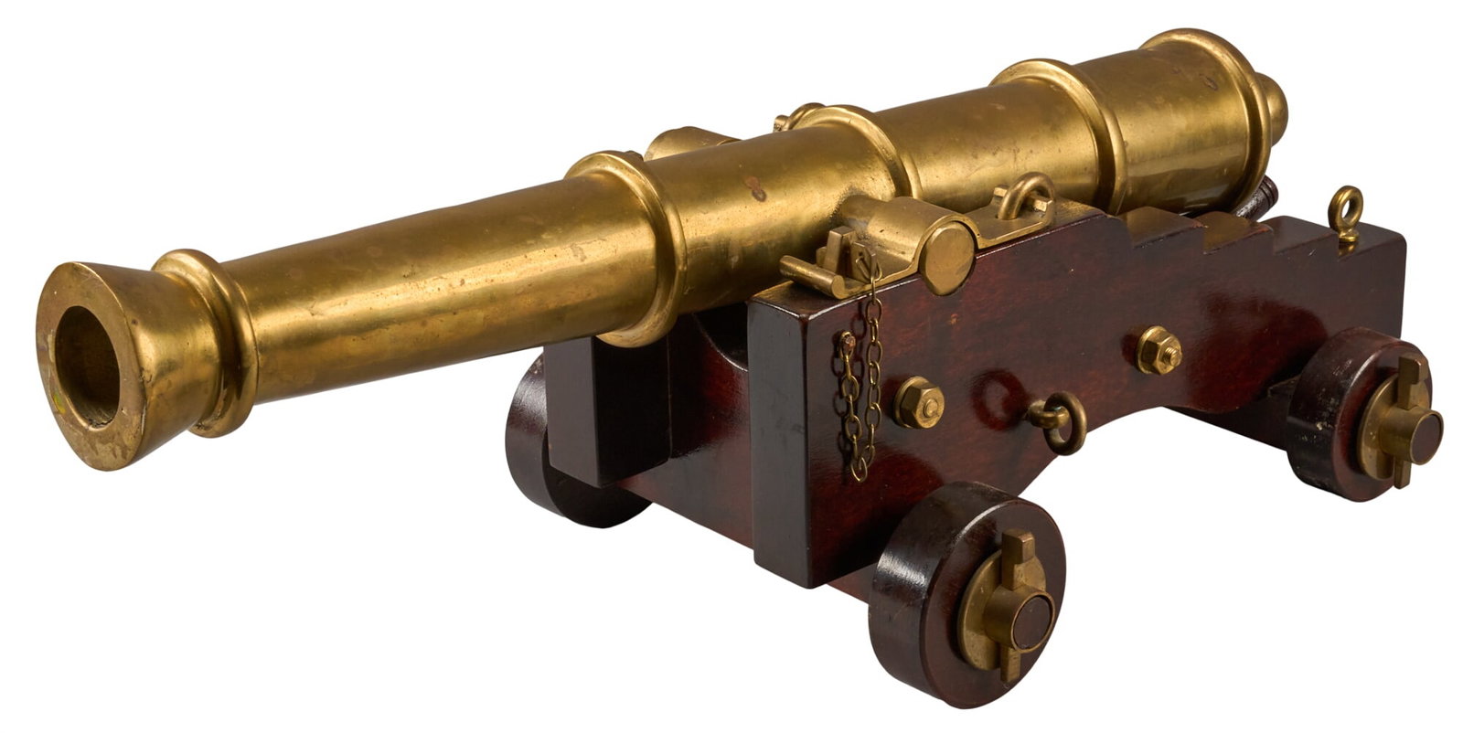 Reproduction Miniature 18th-19th C. English Brass Naval Cannon: Reproduction miniature 18th-19th c. English brass naval cannon Includes: -mahogany carriage & wheels w/ brass hardware -2 inch bore Dimensions: 31.5 in. L x 15 in. W x 13 in. H Condition is good w