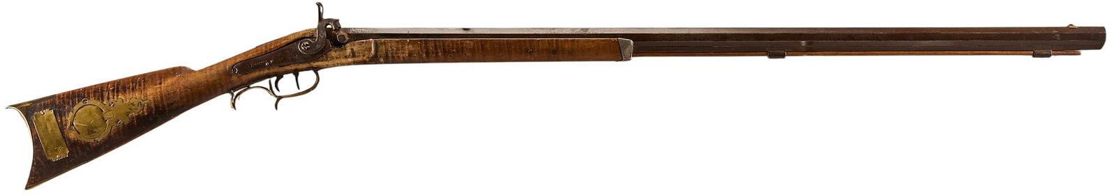 Antique Dayton Ohio Kentucky Plains Rifle Presented to Dr. Major Bertrand DeJarnette: Serial: NSN Manufacturer: Dayton-Ohio Model: Kentucky Plains Caliber: 36 cal. Barrel Length: 37 in. OAL: 54.25 in. Condition: Poor-Fair antique condition; wood stock has significant wear w/ some break