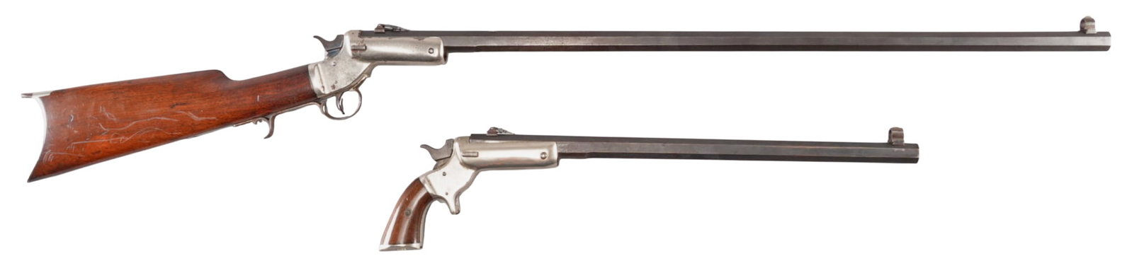 Stevens Tip Up Rifle & Hunter's Pet Pocket Rifle: Serial: (1) 2980; (2) 1903 Manufacturer: (1) J Stevens& Co. (2) J Stevens A & T Co. Model: (1) Tip Up; (2) Hunter's Pet Pocket Rifle Caliber: 32 Cal (likely 32 Ideal) Condition: Good; spor