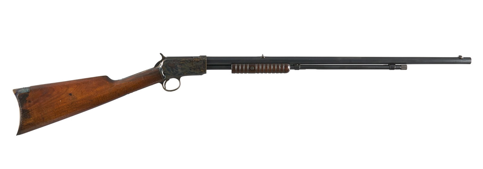 Restored Antique Winchester Model 1890 22 Short Rifle: Serial: 19901 Manufacturer: Winchester (c. 1893) Model: 1890 Caliber: 22 Short Barrel Length: 24 in. (re-sleeved / Re-lined) OAL: 40.25 in. Condition: Good / Restored: scratches & pressure dents o