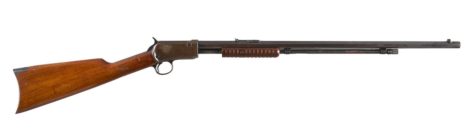 Winchester Model 1890 22 Long Slide Action Rifle: Serial: 584378 Manufacturer: Winchester (c. 1917) Model: 1890 Caliber: 22 Long Barrel Length: 24 in. OAL: 40.25 in. Condition: Good: light wear & handling marks commensurate with age; some scratch