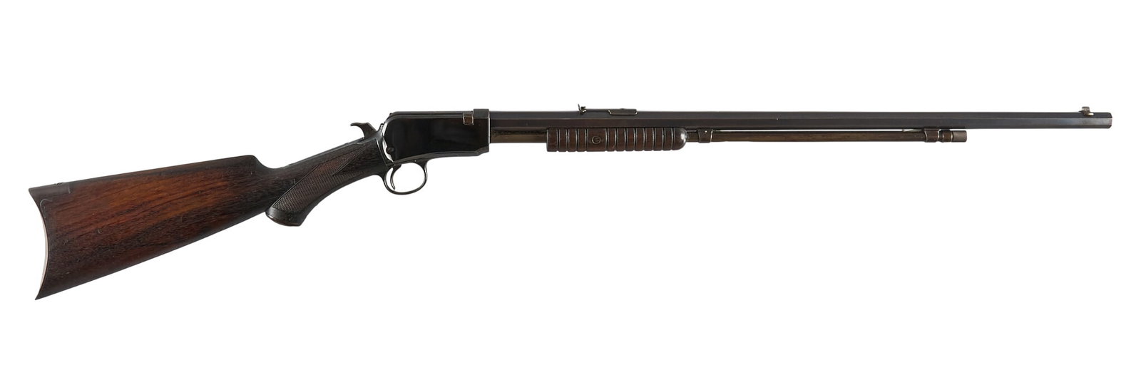 Winchester Model 1890 22 Short Slide Action Rifle: Serial: 601310 Manufacturer: Winchester (c. 1918) Model: 1890 Caliber: 22 Short Barrel Length: 24 in. OAL: 40.25 in. Condition: Good-Refinished; pressure dents & scratches throughout pistol grip s