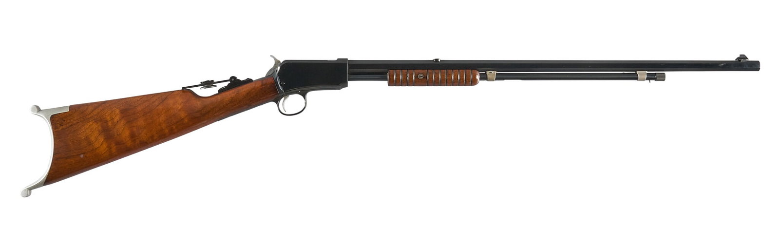 Restored Winchester Model 1890 22 Short Slide Action Rifle: Serial: 284303 Manufacturer: Winchester (c. 1906) Model: 1890 Caliber: 22 Short Barrel Length: 24 in. OAL: 40.25 in. Condition: Good-Restored; stock has some light scratches & pressure dents; barr