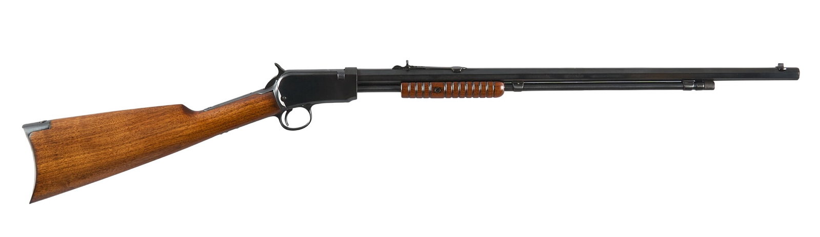 Winchester Model 1890 22 WRF Slide Action Rifle: Serial: 571276 Manufacturer: Winchester (c. 1916) Model: 1890 Caliber: 22 WRF Barrel Length: 24 in. OAL: 40.25 in. Condition: Good-Refinished; minimal scratches & pressure dents on stock & for