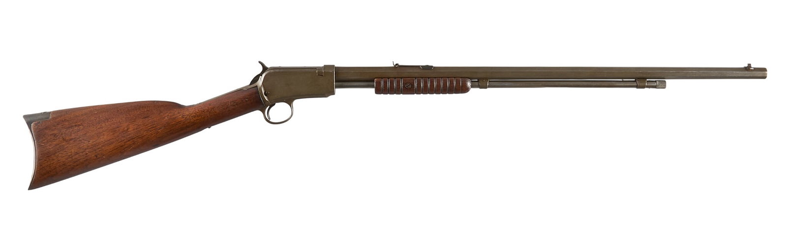 Winchester Model 1890 22 WRF Slide Action Rifle: Serial: 433673 Manufacturer: Winchester (c. 1911) Model: 1890 Caliber: 22 WRF Barrel Length: 24 in. OAL: 40.25 in. Condition: Fair; scratches & pressure dents throughout; oxidation & some ligh