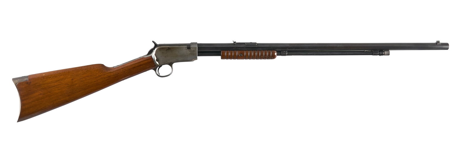 Winchester Model 90 22 Long Slide Action Rifle: Serial: 807012 Manufacturer: Winchester (c. 1929) Model: 90 Caliber: 22 Long Barrel Length: 24 in. OAL: 40.25 Condition: Good; mostly light wear & handling marks; some light scratches & pressu