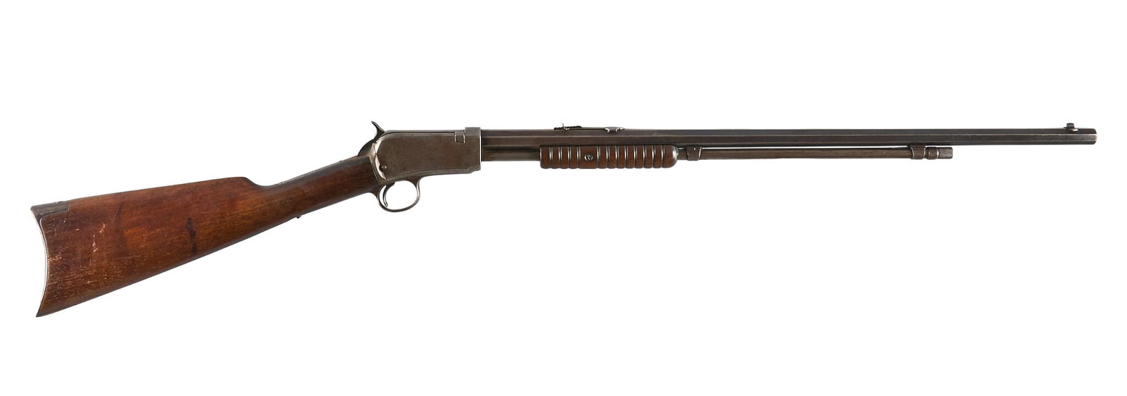 Winchester Model 90 22 WRF Slide Action Rifle: Serial: 540398 Manufacturer: Winchester (c. 1915) Model: 90 Caliber: 22 WRF Barrel Length: 24 in. OAL: 40.25 in. Condition: Good; wear commensurate with age; mostly light scratches & pressure dent