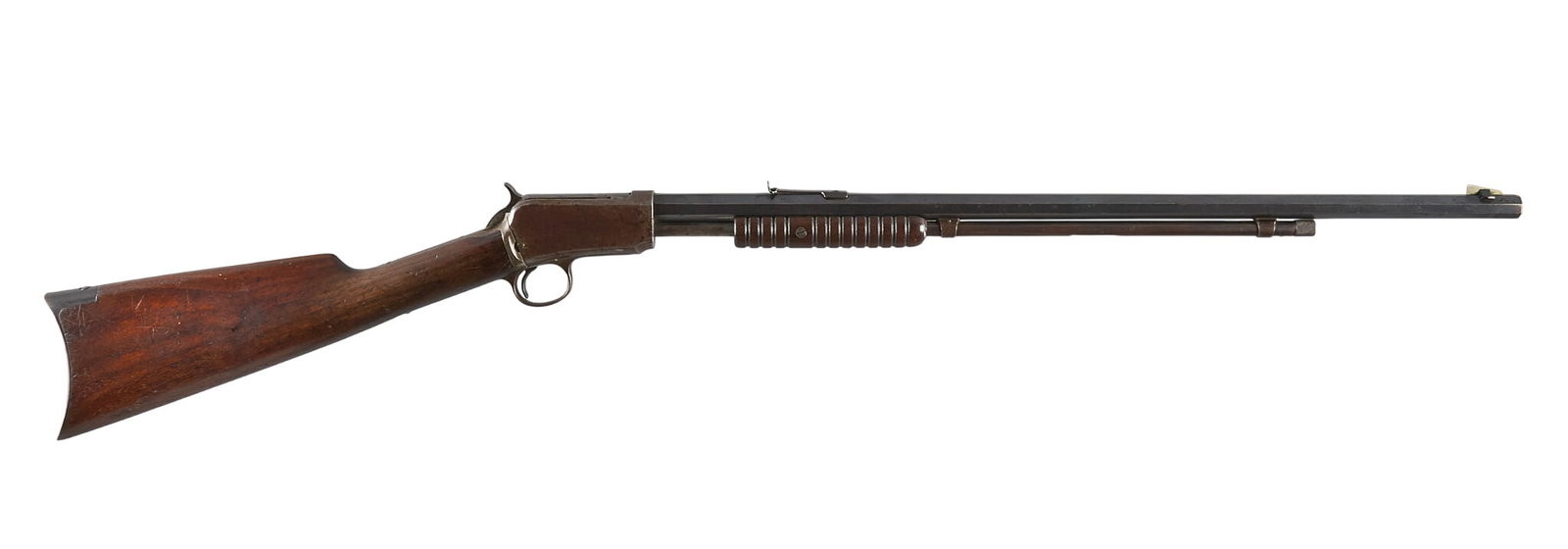 Winchester Model 90 22 WRF Slide Action Rifle: Serial: 107551 Manufacturer: Winchester (c. 1901) Model: 90 Caliber: 22 WRF Barrel Length: 24 in. OAL: 40.25 in. Condition: Good: wear commensurate with age; pressure dents & scratches throughout;