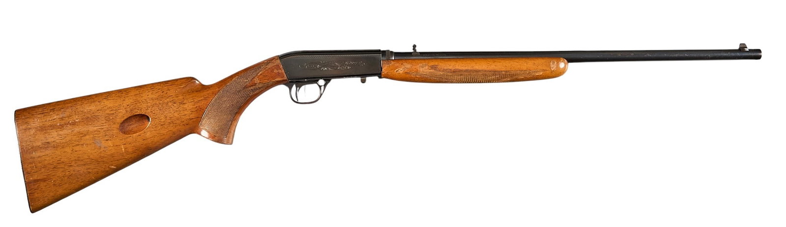 FN Browning SA-22 Grade I 22 LR Semi Auto Rifle: Serial: 2T22580 Manufacturer: FN-Belgium / Browning (c. 1962) Model: SA-22 Grade I Caliber: 22 LR Barrel Length: 19.5 in. OAL: 37 in. Condition: Fair-good; moderate wear throughout; slight wiggle in s