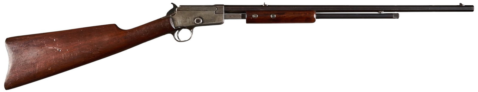 Marlin No. 18 22 Cal. Slide Action Rifle: Serial: 5328 Manufacturer: Marlin (c. 1906-1907) Model: No. 18 Caliber: 22 Cal. Barrel length: 20 in. OAL: 36.5 in. Condition: Good-fair condition; wood stock & pump grip have moderate